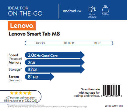 Lenovo Smart Tab M8 8" Tablet with Google Assistant, 32GB Storage, 2GB Memory, 2GHz Quad-Core Processor, Android 9 Pie, HD Display