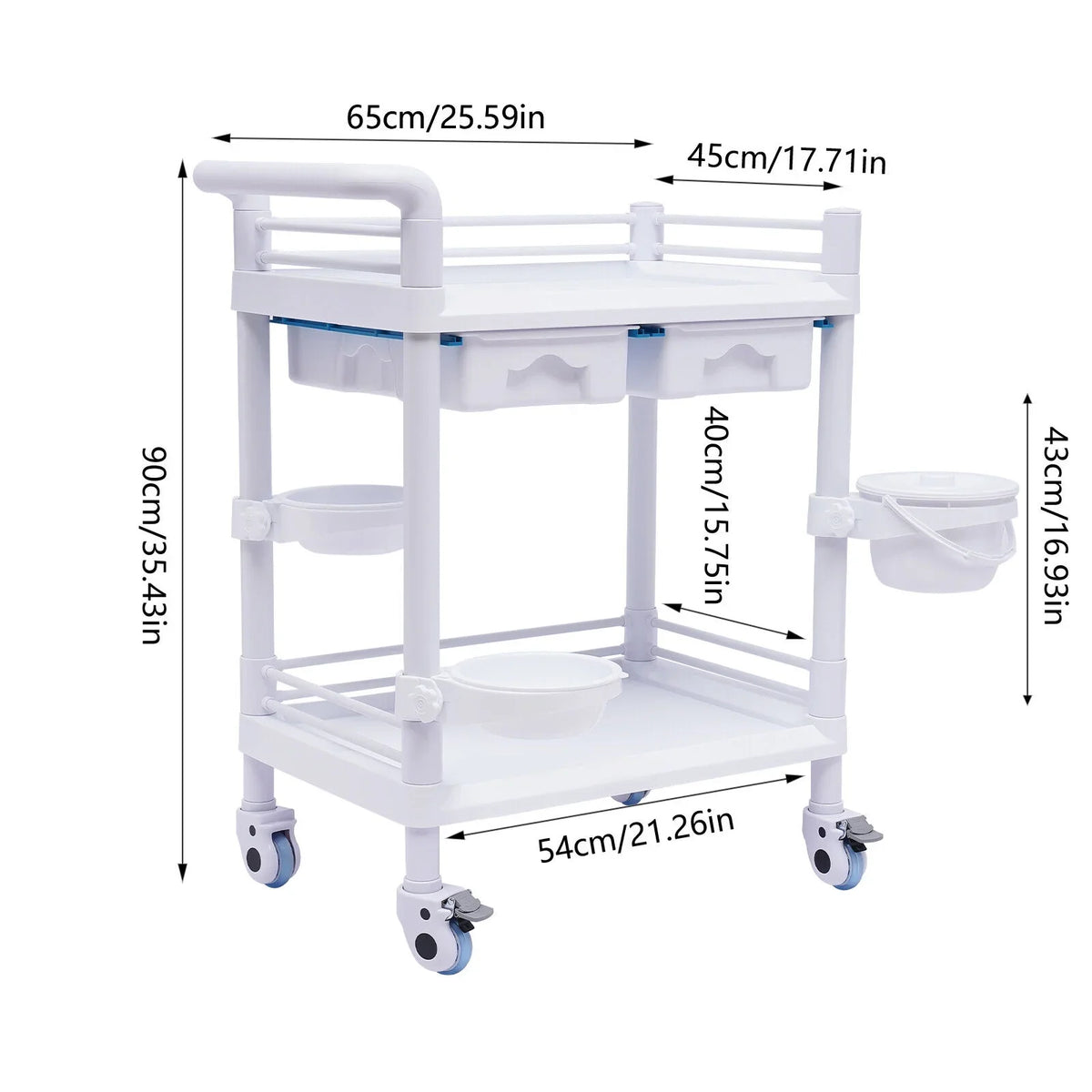 Miumaeov Medical Trolley 2 Tier Spacious Beauty Salon Rolling Trolley with Dirt Buckets Drawers 360°Rotate Wheels Heavy Duty Medical Utility Cart for Hospital Dental Clinic