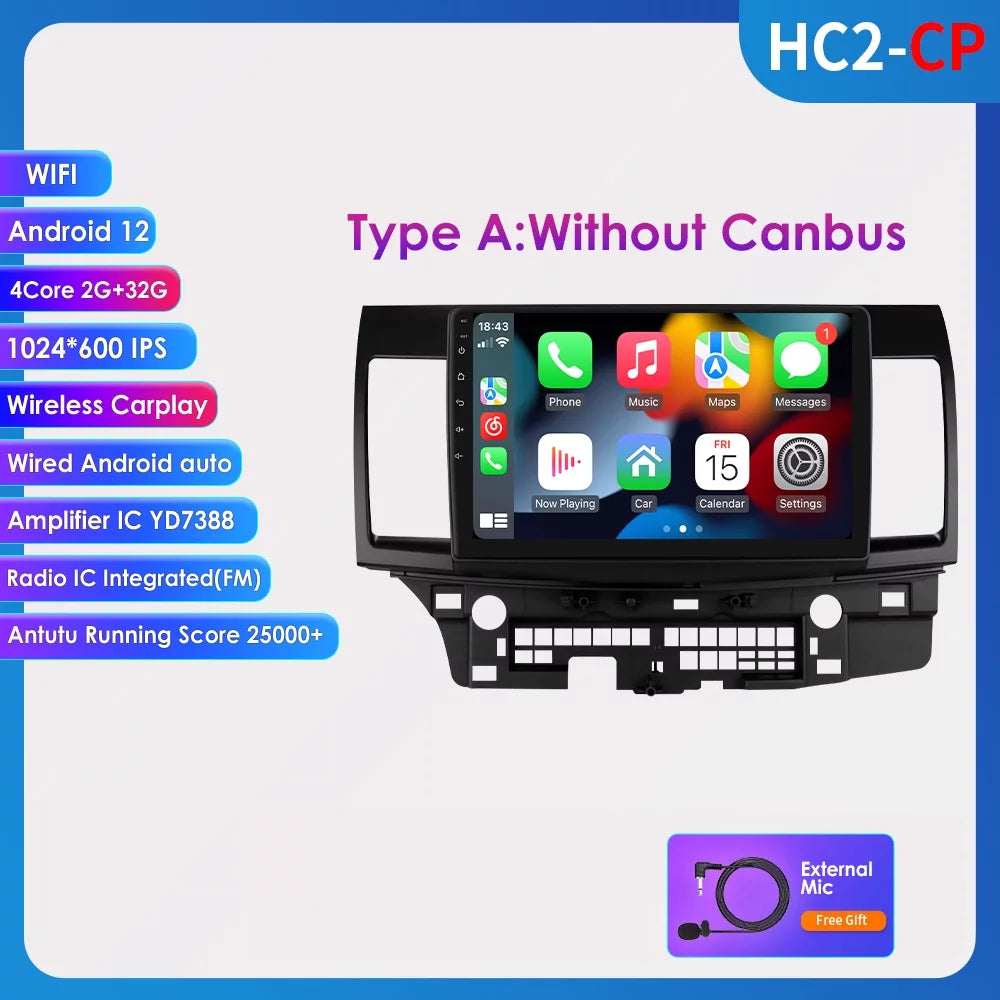 For Mitsubishi Lancer 2007 2008 2009 2010 2011 2012 Android 12 Wifi 2+32GB Car Stereo Radio CarPlay GPS Navigation Player