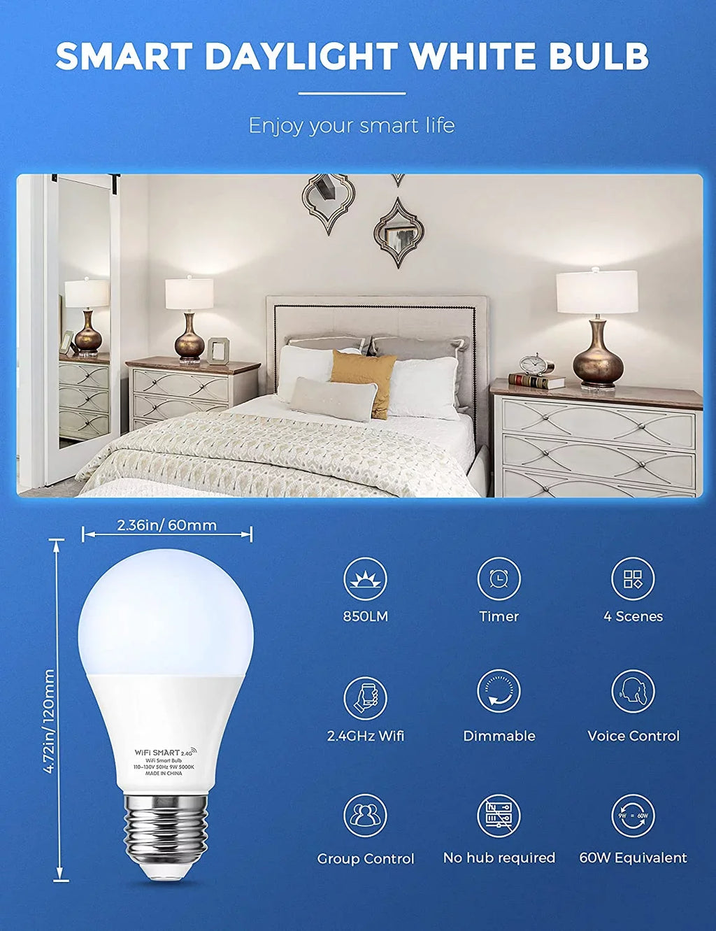 YANSUN A19 Smart Light Bulb Work with Alexa, Google Home & Siri,WiFi LED Bulb Daylight 5000K, 9W 60W, Dimmable, 850LM,4 Pack