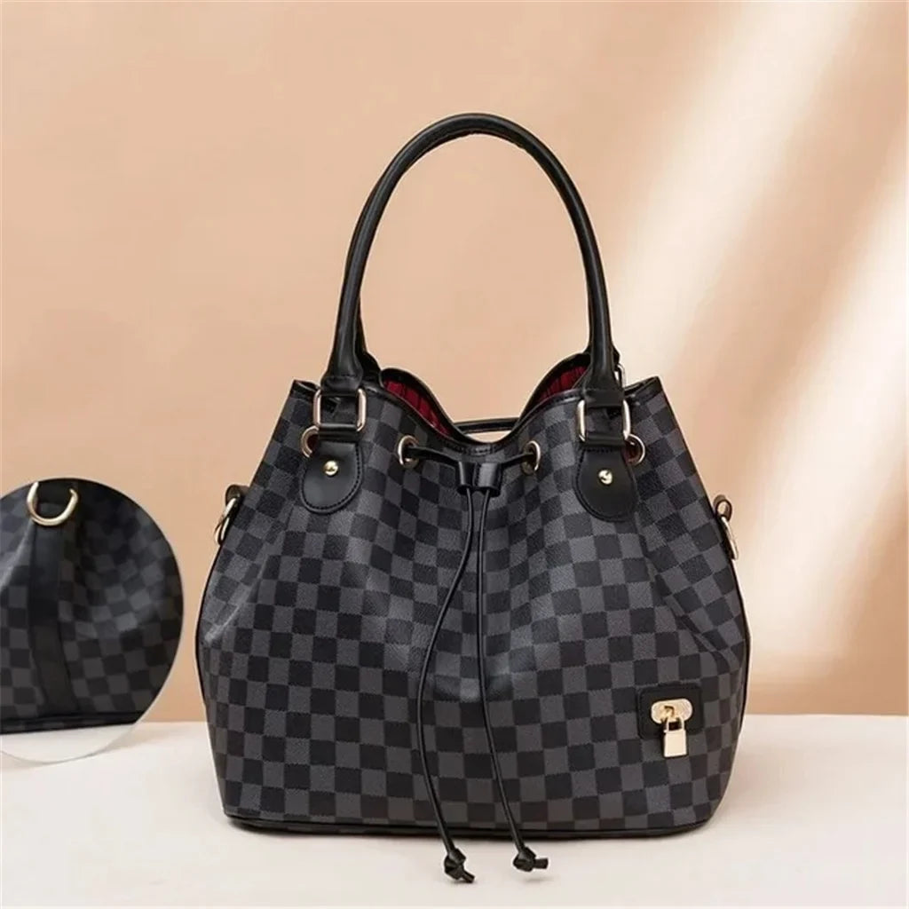Checkered Tote Shoulder Bag Large Handbags for Women - PU Vegan Leather