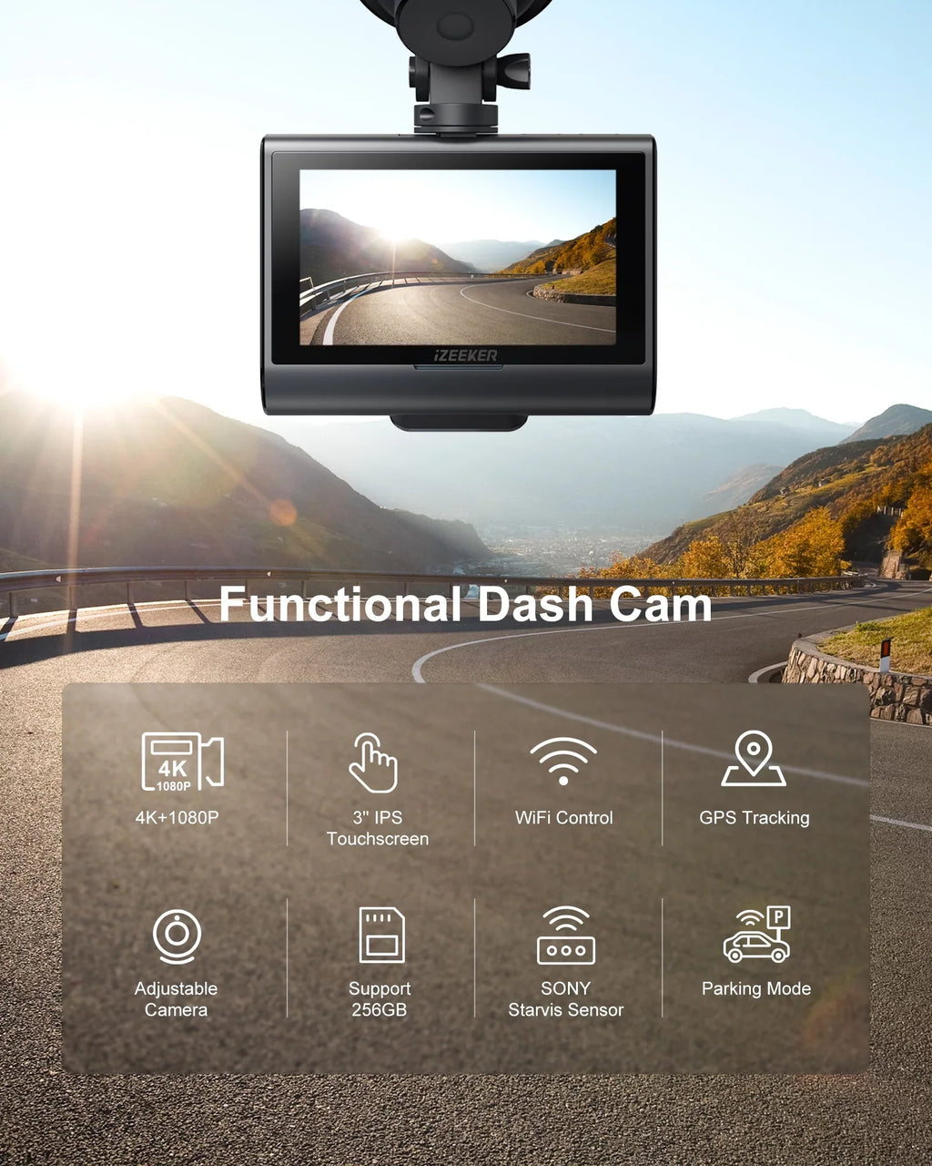 iZEEKER 4K Dash Cam Front and Rear Wi-Fi GPS, 4K+1080P Dual Dashcam, 3'' IPS Touchscreen, WDR, Night Vision, Parking Mode, G-Sensor, Black
