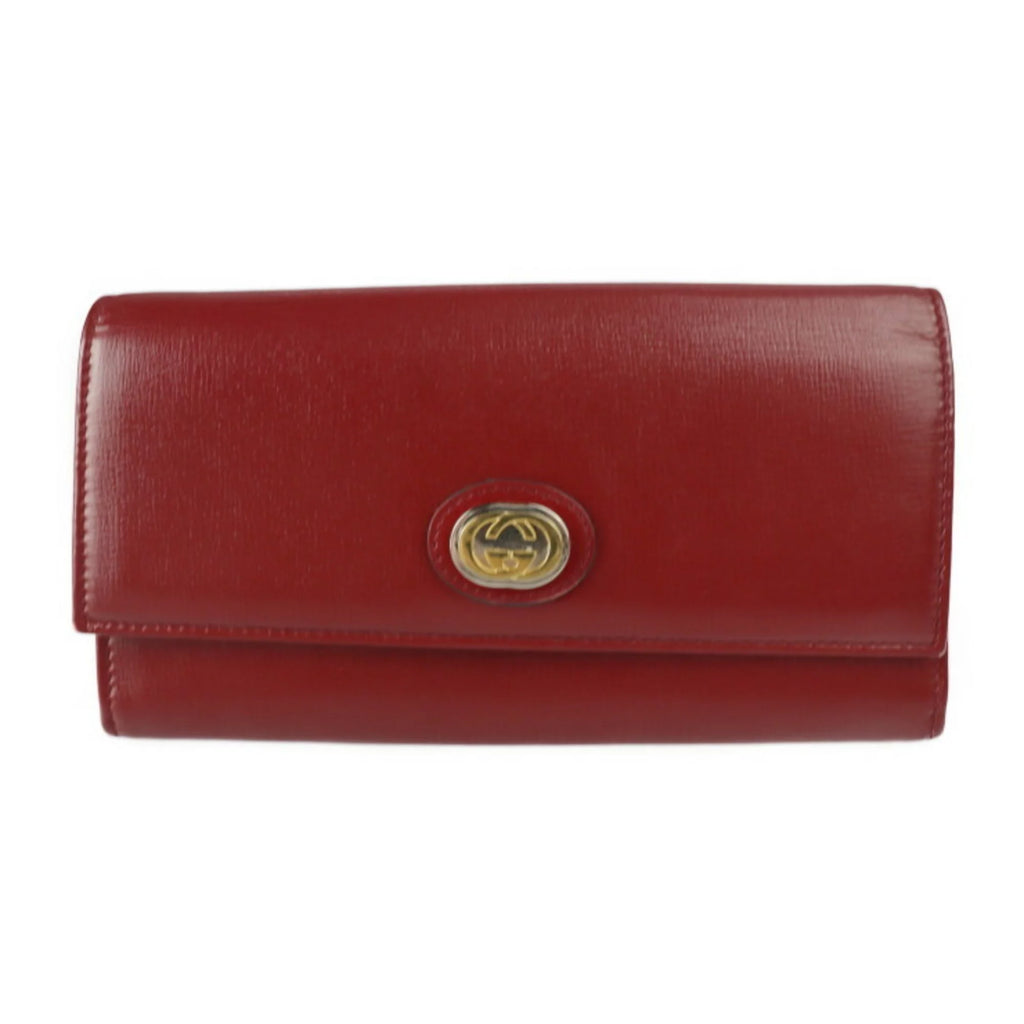 Pre-Owned GUCCI Gucci Interlocking G Marina Bifold Wallet 598531 Leather Red Bordeaux Gold Hardware Long (Good)