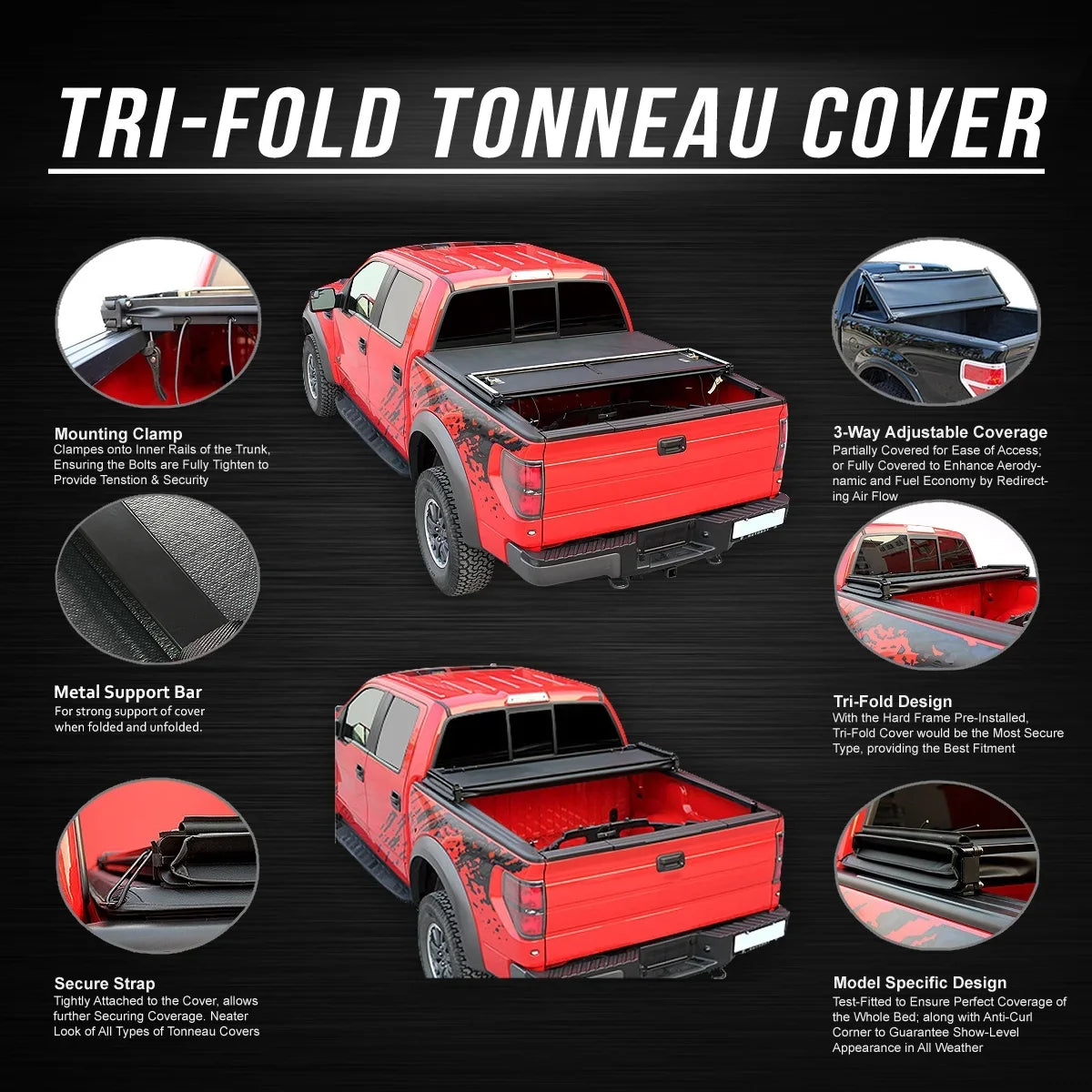 DNA Motoring TTC-TRISOFT-057 For 2014 to 2019 toyota Tundra 6.5' Bed Fleetside Adjustable Tri -Fold Soft Top Trunk Tonneau Cover 15 16 17 18