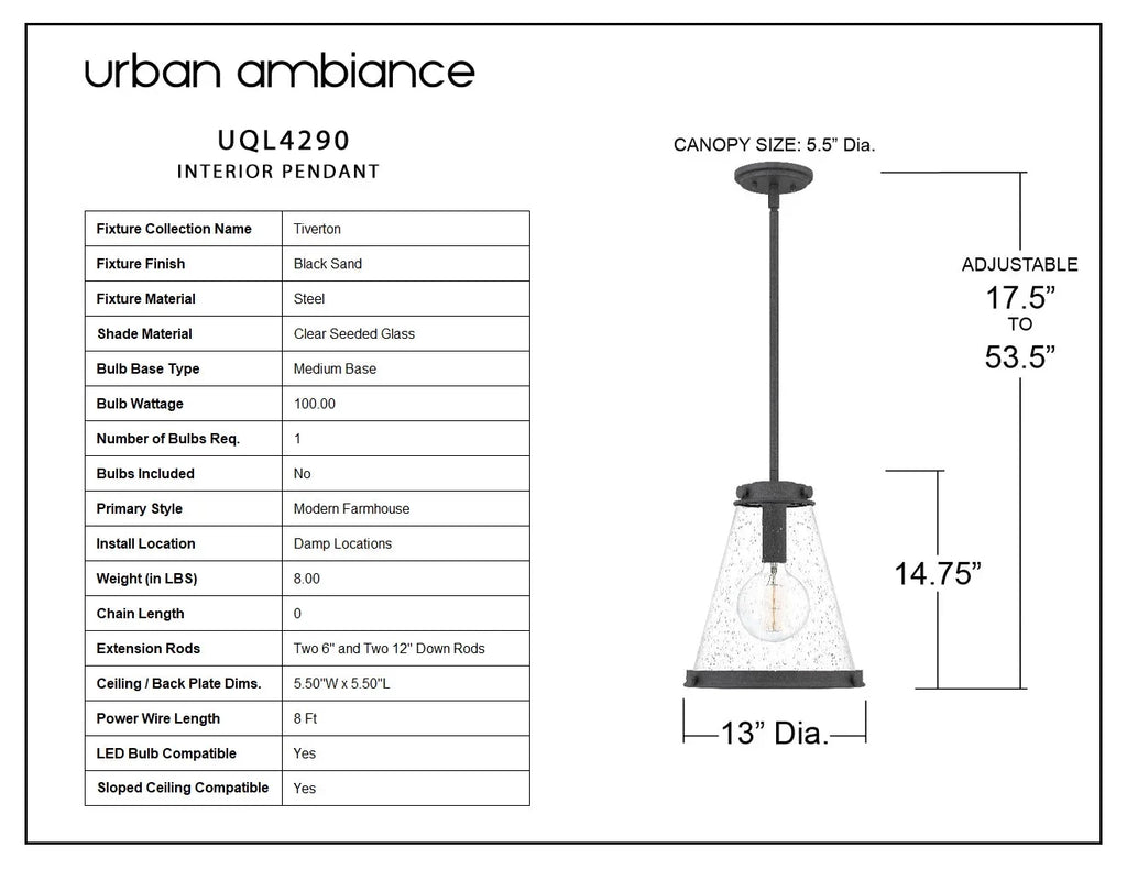 Luxury Modern Farmhouse Indoor Pendant, 14.75''H x 13.00''W, with Casual Style Elements, Transitional Design, Black Sand Finish and Clear Seeded Glass, UQL4290
