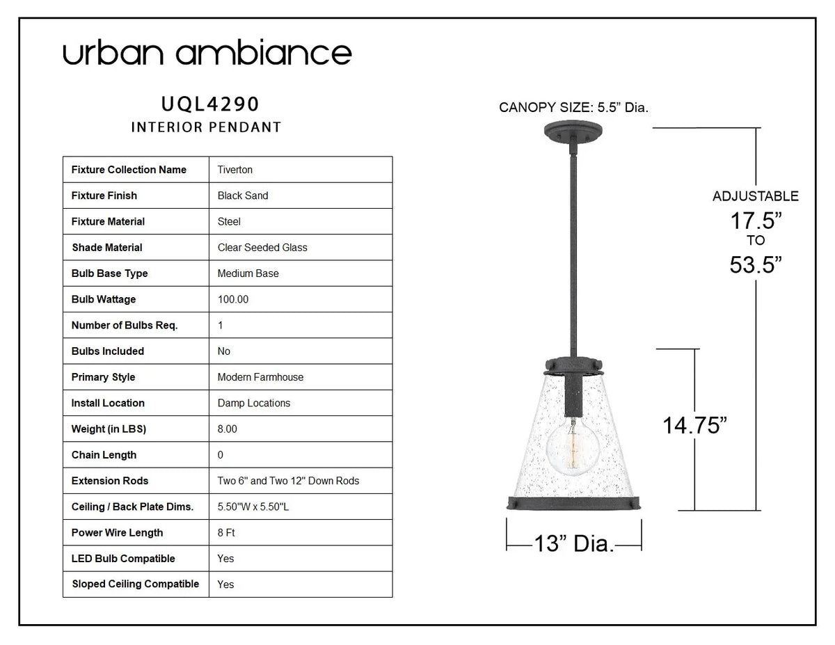 Luxury Modern Farmhouse Indoor Pendant, 14.75''H x 13.00''W, with Casual Style Elements, Transitional Design, Black Sand Finish and Clear Seeded Glass, UQL4290