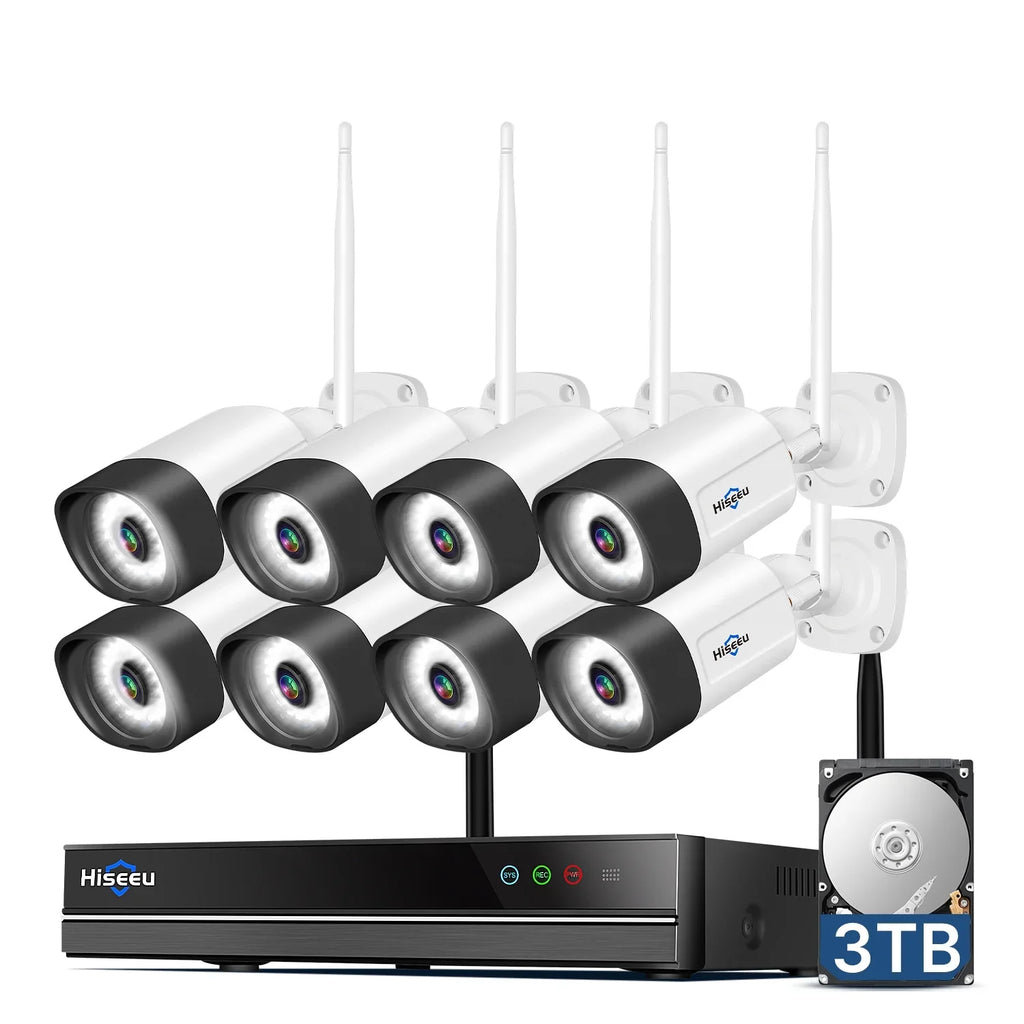 Hiseeu 3MP Wireless WiFi Security Camera System with 3TB Hard Drive, 8Pcs Security Cameras Wireless WiFi with 2-Way Audio,IP66 Waterproof,64ft IR Night Vision,Motion Detect Home Security System
