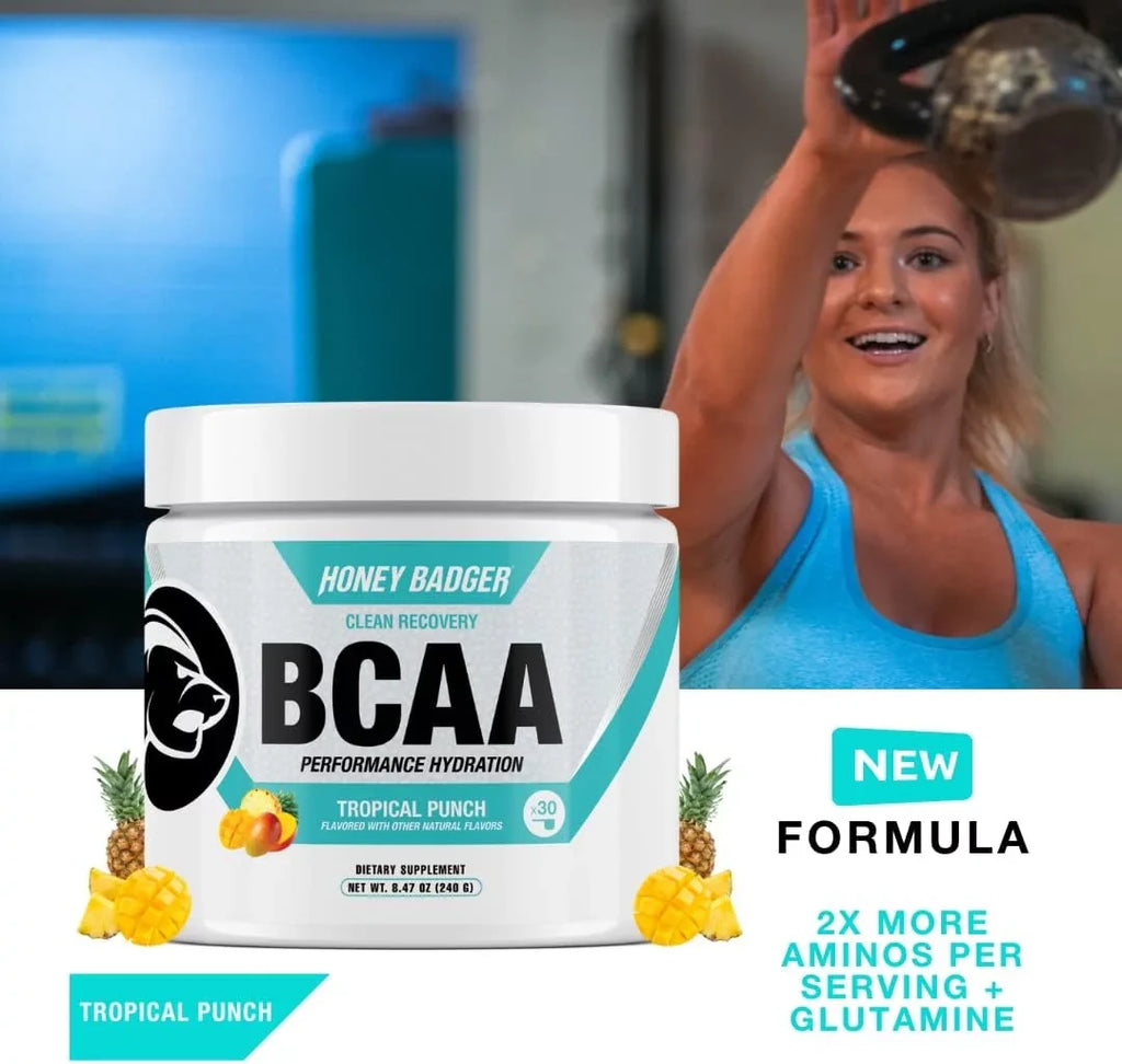 Honey Badger BCAA Amino Acids Electrolytes Powder, Keto, Vegan, Sugar Free BCAAs + EAA with L-Glutamine For Men & Women, Hydration & Post Workout Muscle Recovery Drink Mix, Tropical Punch, 30 Servings