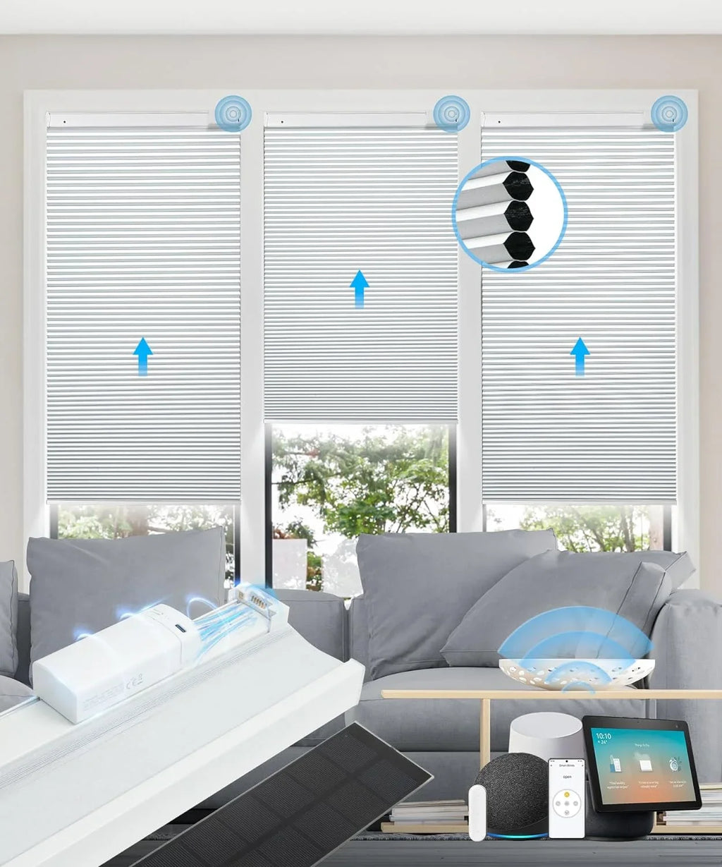 Solar Powered Magnetic Rechargeable Motorized Blinds 100% Blackout with Alexa Google【Free Solar Panel】 Cellular Shades Honeycomb with Remote, Cordless Automatic Electric Blinds, 29" Wx64 H, White