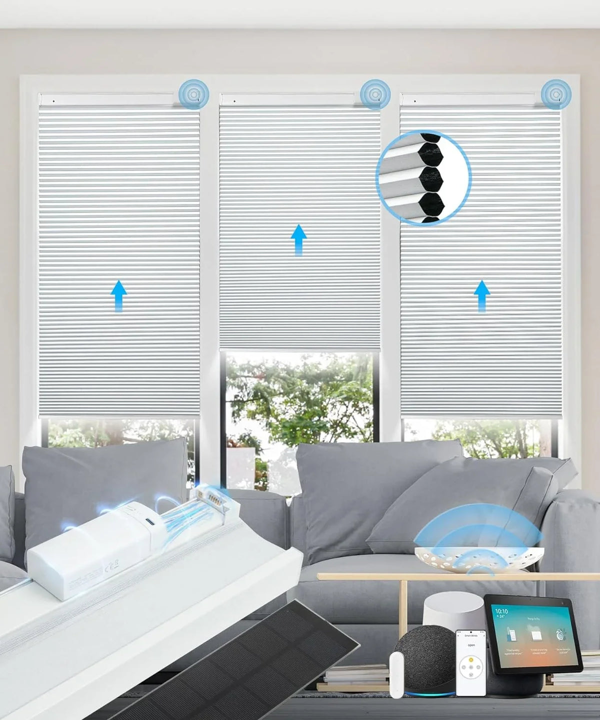 Solar Powered Magnetic Rechargeable Motorized Blinds 100% Blackout with Alexa Google【Free Solar Panel】 Cellular Shades Honeycomb with Remote, Cordless Automatic Electric Blinds, 29" Wx64 H, White