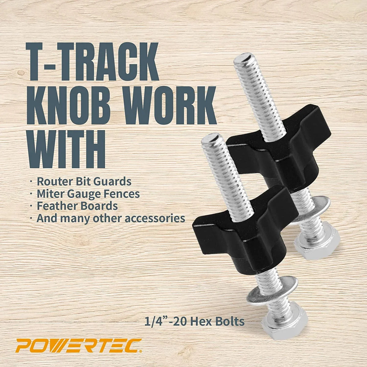 POWERTEC T Track Knob Kit w/Hold Down Clamps, (Set of 10) 1/4-20 x 1-1/2" Hex Bolts and Washers, 2x5-1/2" L Hold Down Clamps, T Track Kit, T Track Accessories for Woodworking Jigs and Fixtures (71846)