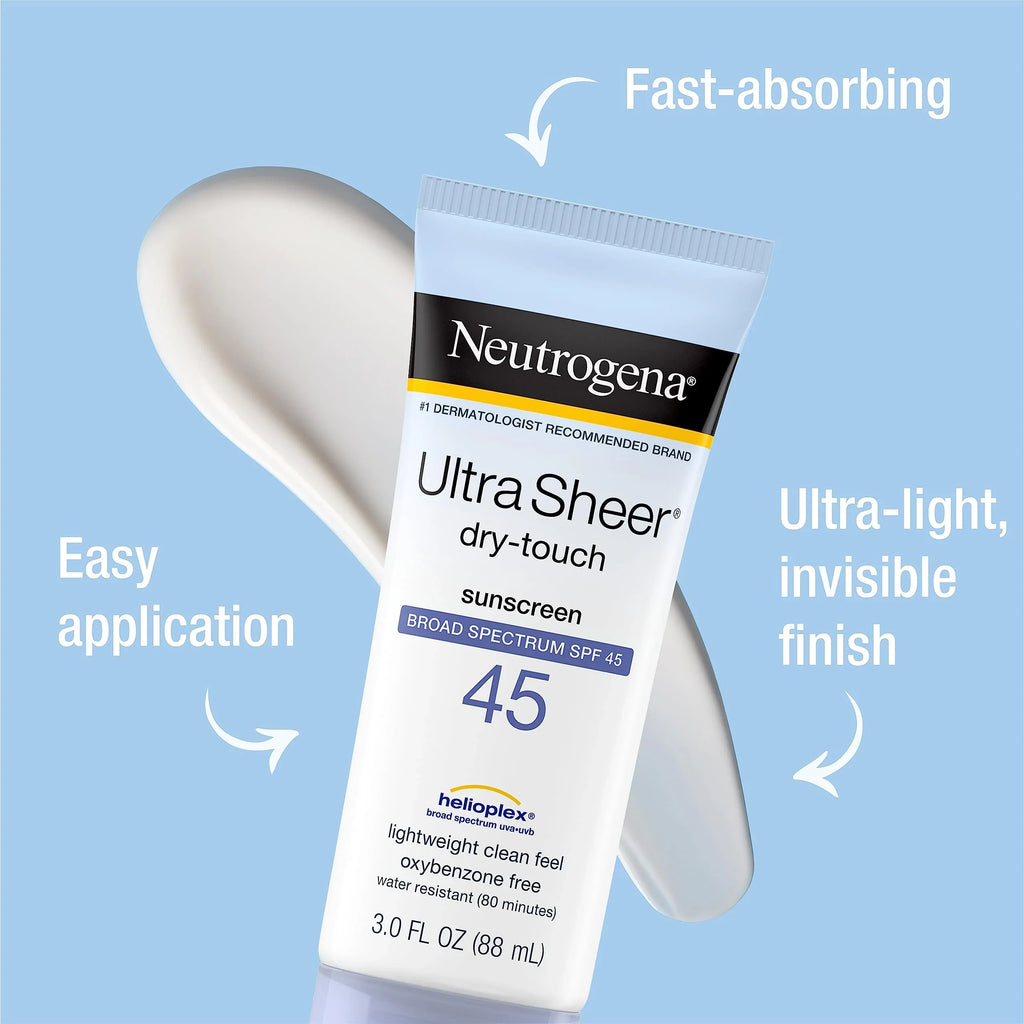 Neutrogena Ultra Sheer Dry-Touch Water Resistant And Non-Greasy Sunscreen Lotion With Broad Spectrum Spf 45, 3 Fl. Oz, (Pack Of 2)