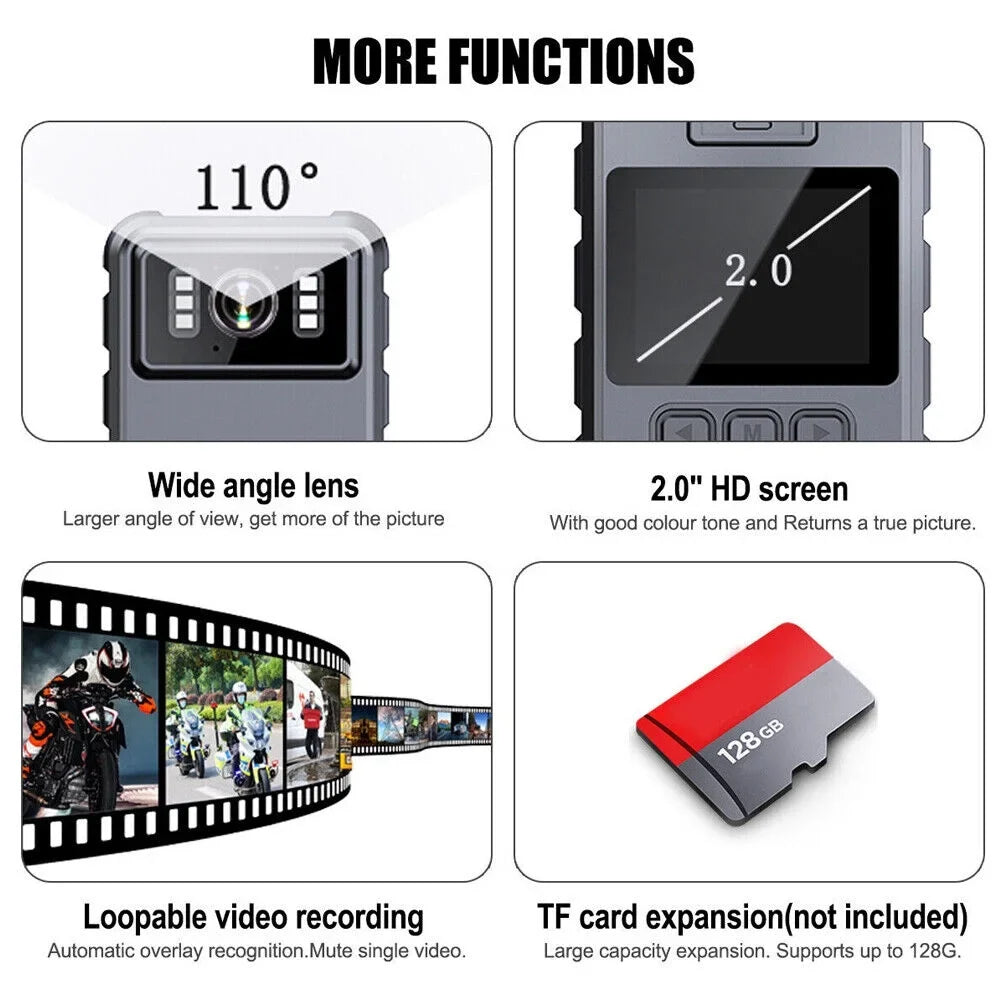 JLLOM Night Vision Camcorder - Mini Police Body Camera with 1080P Audio Video DVR and HD 2k Recording