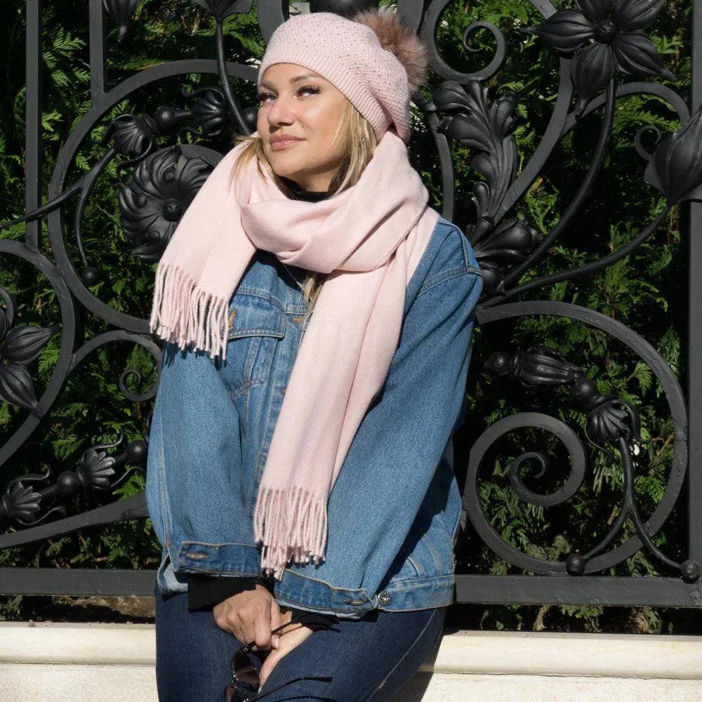 Dreamy Scarf with Tassels 27.6x74.8-inch Virgin Wool Soft Pink Warm Scarf for Women