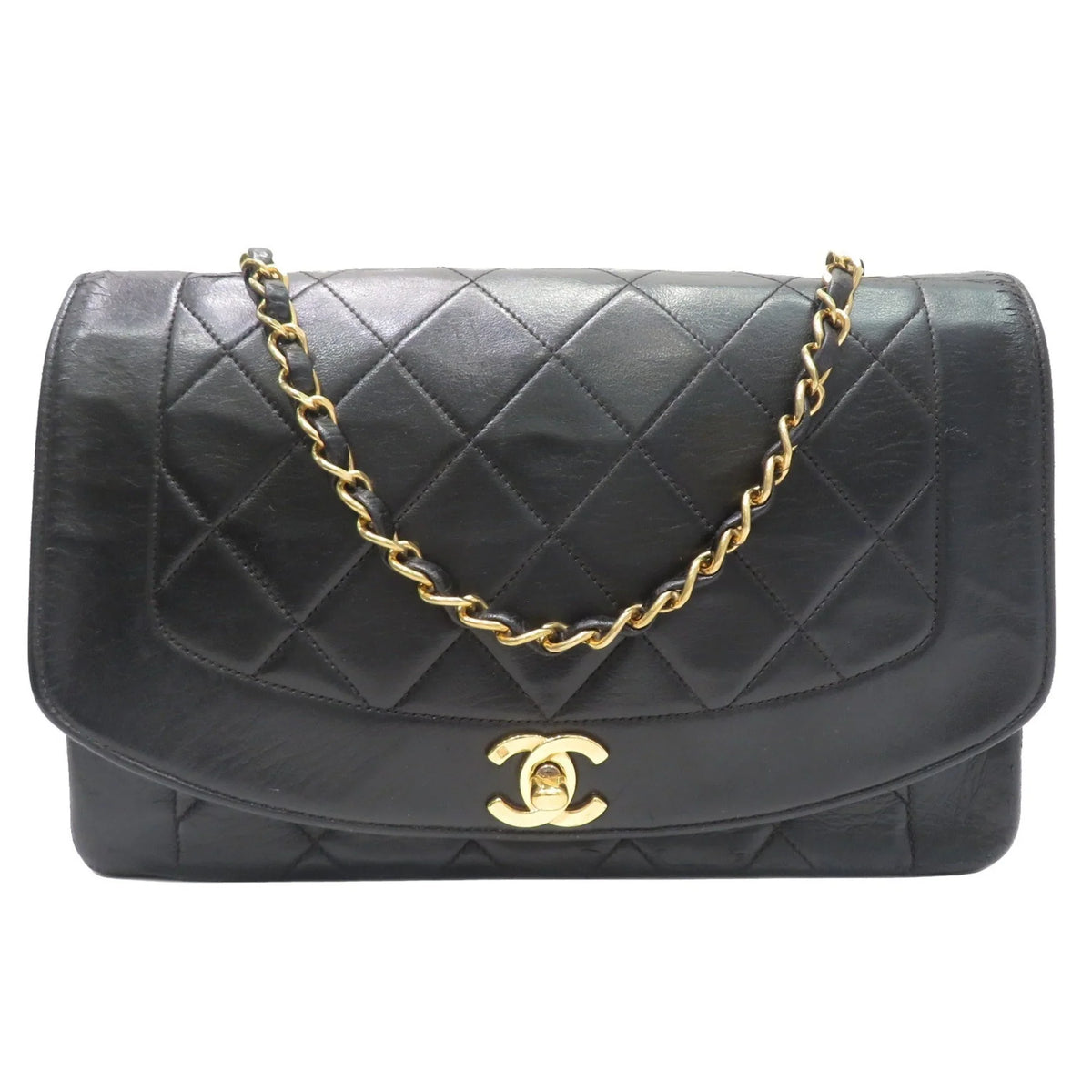 Pre-Owned CHANEL Chanel Matelasse Diana Chain Shoulder Bag Black Lambskin Women's Men's (Fair)