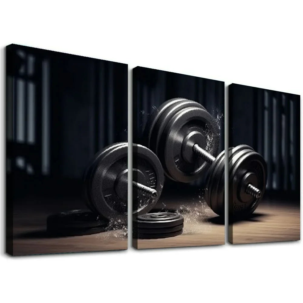 YIKUMA Gym Poster Fitness Dumbbell Workout Motivational Poster Home Fitness Poster Wall Art Coat Canvas Wall Decor Home Decor Living Room Decor Aesthetic 12''x16''X3 Panels 12x16x3pcs