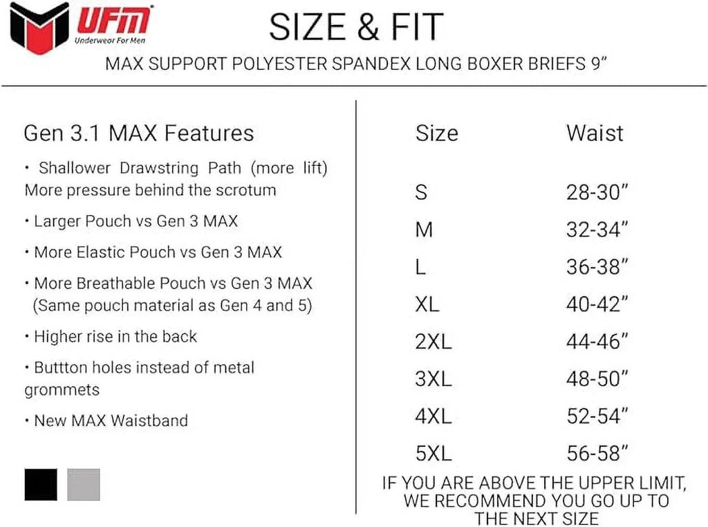 UFM 9” Polyester Boxer Briefs Adj Support Pouch Underwear MAX Support Gen 3.1 Black