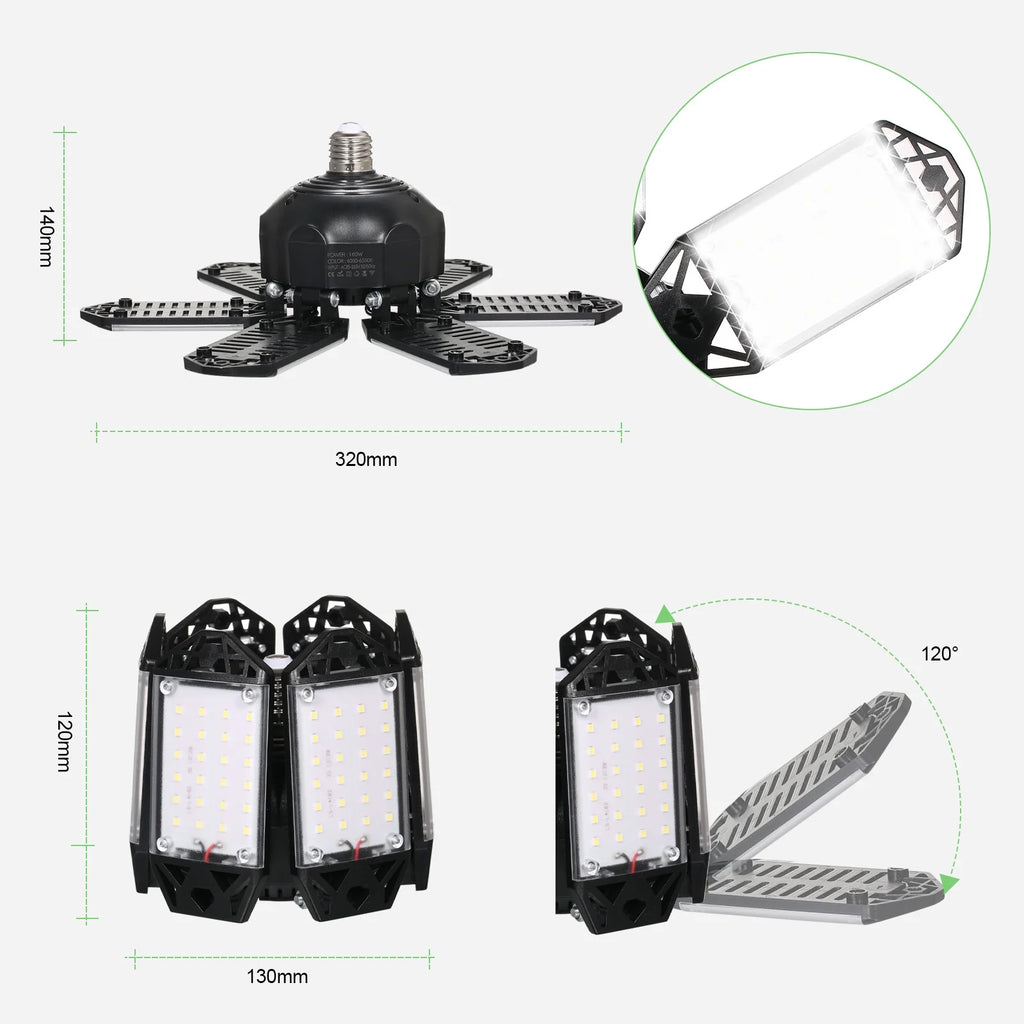 Neoglint 2PCS A C85-265V 160W 152LEDs Garage Light with 6 Adjustable Panels Deformable Folding Foldable Ceiling Lamp E26/E27 Base Socket Holder for Garage Warehouse Workshop Basement Gym Kit