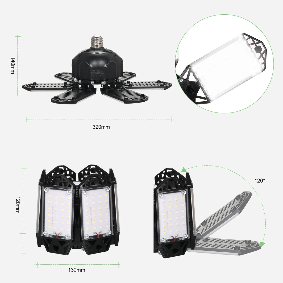 Neoglint 2PCS A C85-265V 160W 152LEDs Garage Light with 6 Adjustable Panels Deformable Folding Foldable Ceiling Lamp E26/E27 Base Socket Holder for Garage Warehouse Workshop Basement Gym Kit