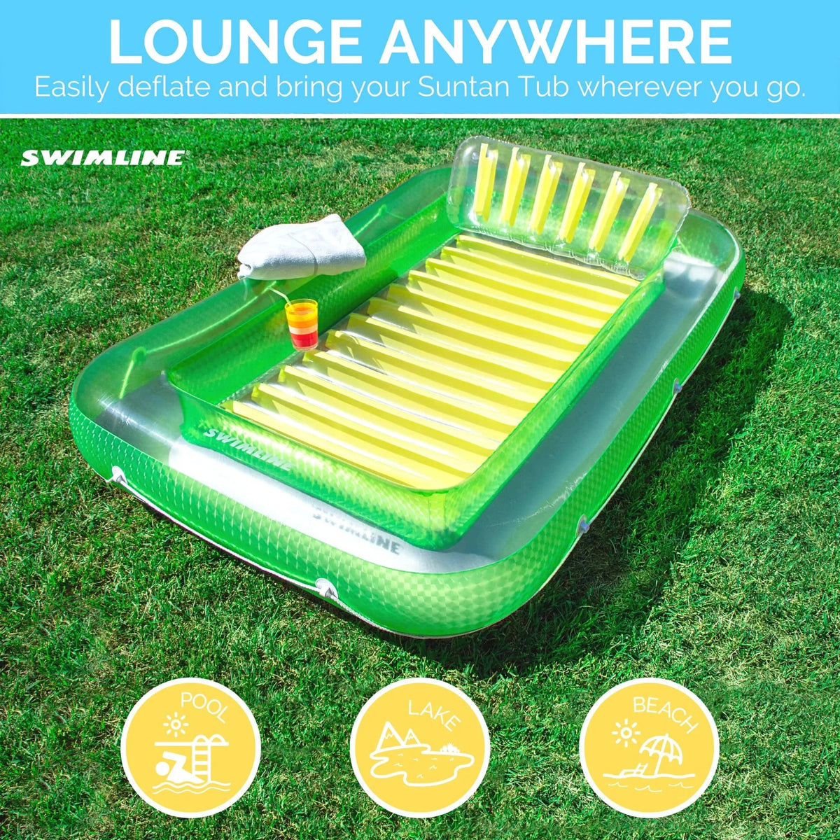 SWIMLINE Original Suntan Tub Classic Edition Inflated Floating Lounger Green and Yellow Tanning Pool Hybrid Lounge