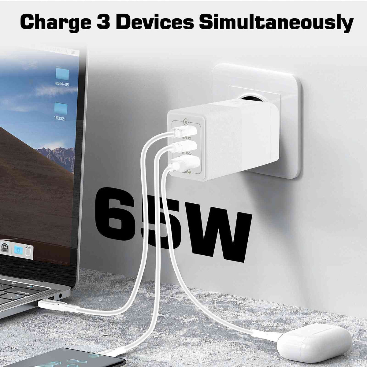 UrbanX 65W Fast Travel Charger with 3 Ports USB & Dual USB-C High-Speed Charging Compatible with HTC One A9/One M9/Desire Eye/Butterfly 2/One Remix, iPhone, Samsung Galaxy, Google Pixel, MacBook