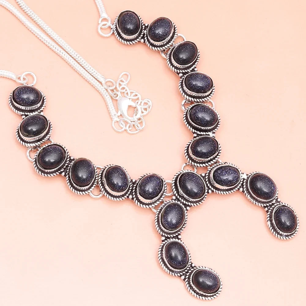 Necklace Blue Sunsitara Gemstone Ethnic Style 925 Silver Jewelry 18-20''