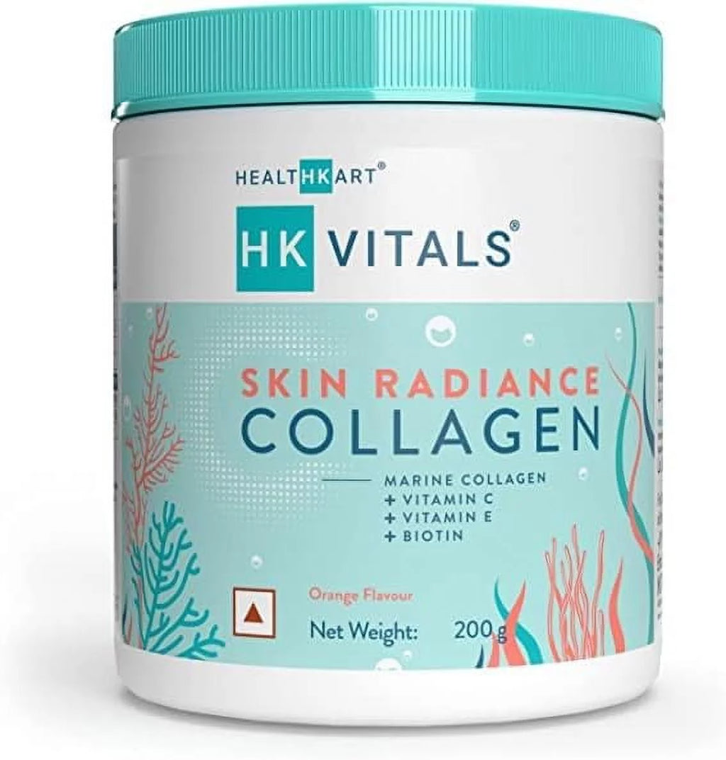 BAVI HealthKart HK Vitals Skin Radiance Collagen Supplement, with Biotin, Vitamin C, E, and Sodium Hyaluronate, for Healthy Skin, Hair & Nails, Orange, 200 g