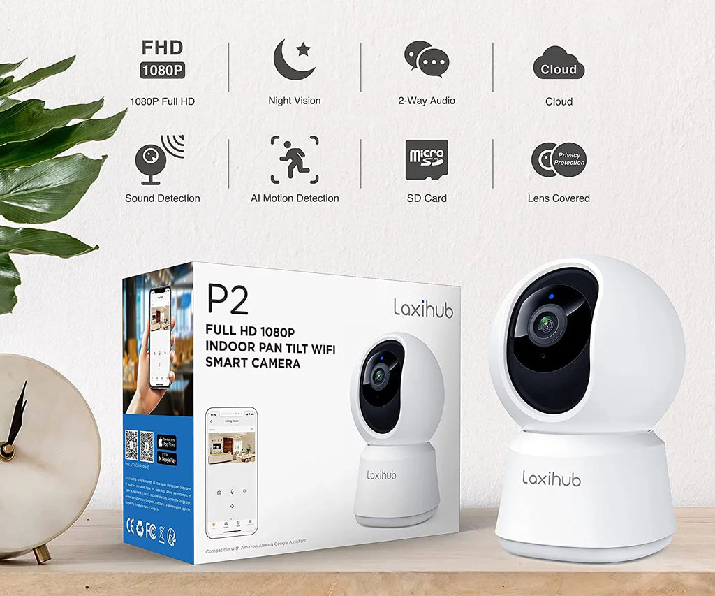 Laxihub 360° Pan/Tilt Security Camera, 1080P 2.4g WiFi Baby Monitor, Motion & Sound Detection, IR Night Vision, Two-Way Audio, Works with Alexa