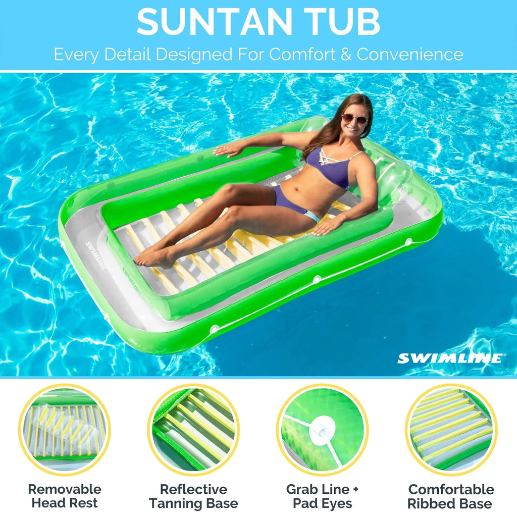 SWIMLINE Original Suntan Tub Classic Edition Inflated Floating Lounger Green and Yellow Tanning Pool Hybrid Lounge