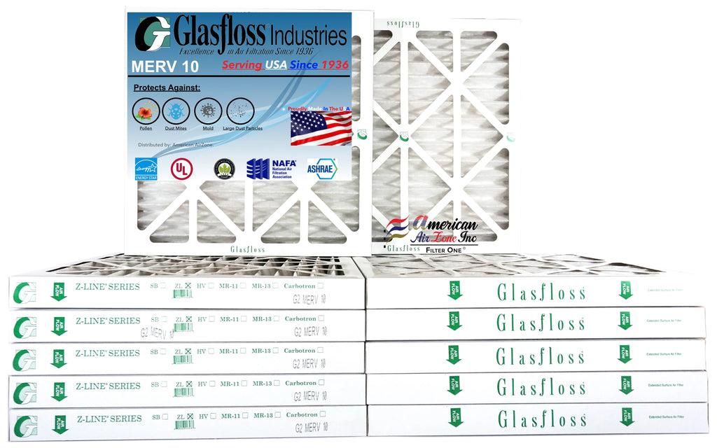 Glasfloss Air Filter 18x18x2 - 2" MERV 10 - (Pack of 12) - Pleated AC or HVAC Air Filter - Furnace Air Filter - Home or Office - Made In The USA.