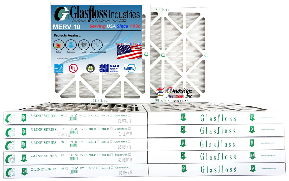 Glasfloss Air Filter 18x18x2 - 2" MERV 10 - (Pack of 12) - Pleated AC or HVAC Air Filter - Furnace Air Filter - Home or Office - Made In The USA.