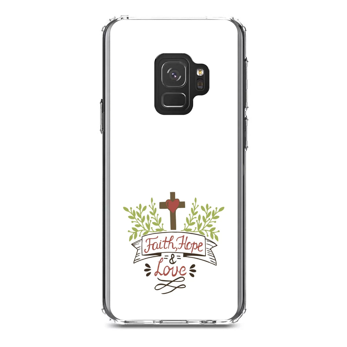 DistinctInk Clear Shockproof Hybrid Case for Samsung Galaxy S9 (5.8" Screen) - TPU Bumper, Acrylic Back, Tempered Glass Screen Protector - Faith, Hope & Love - Cross & Leaves