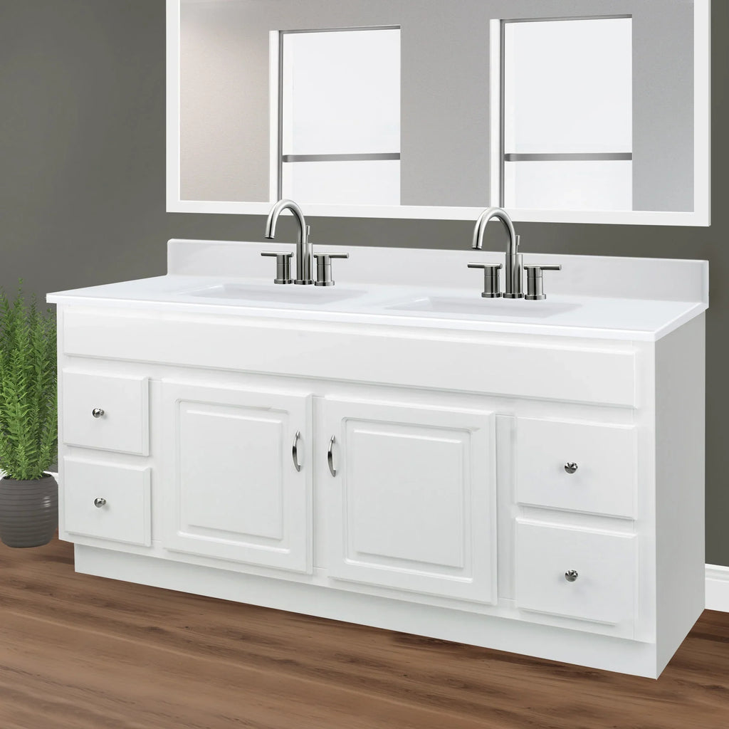 Design House 557678-WHT 61-inch Camilla Cultured Marble Centerset Mount Rectangle Double Bowl Vanity Top with Integrated Backsplash, Solid White