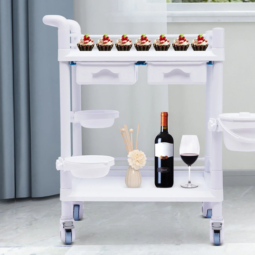 Miumaeov Medical Trolley 2 Tier Spacious Beauty Salon Rolling Trolley with Dirt Buckets Drawers 360°Rotate Wheels Heavy Duty Medical Utility Cart for Hospital Dental Clinic