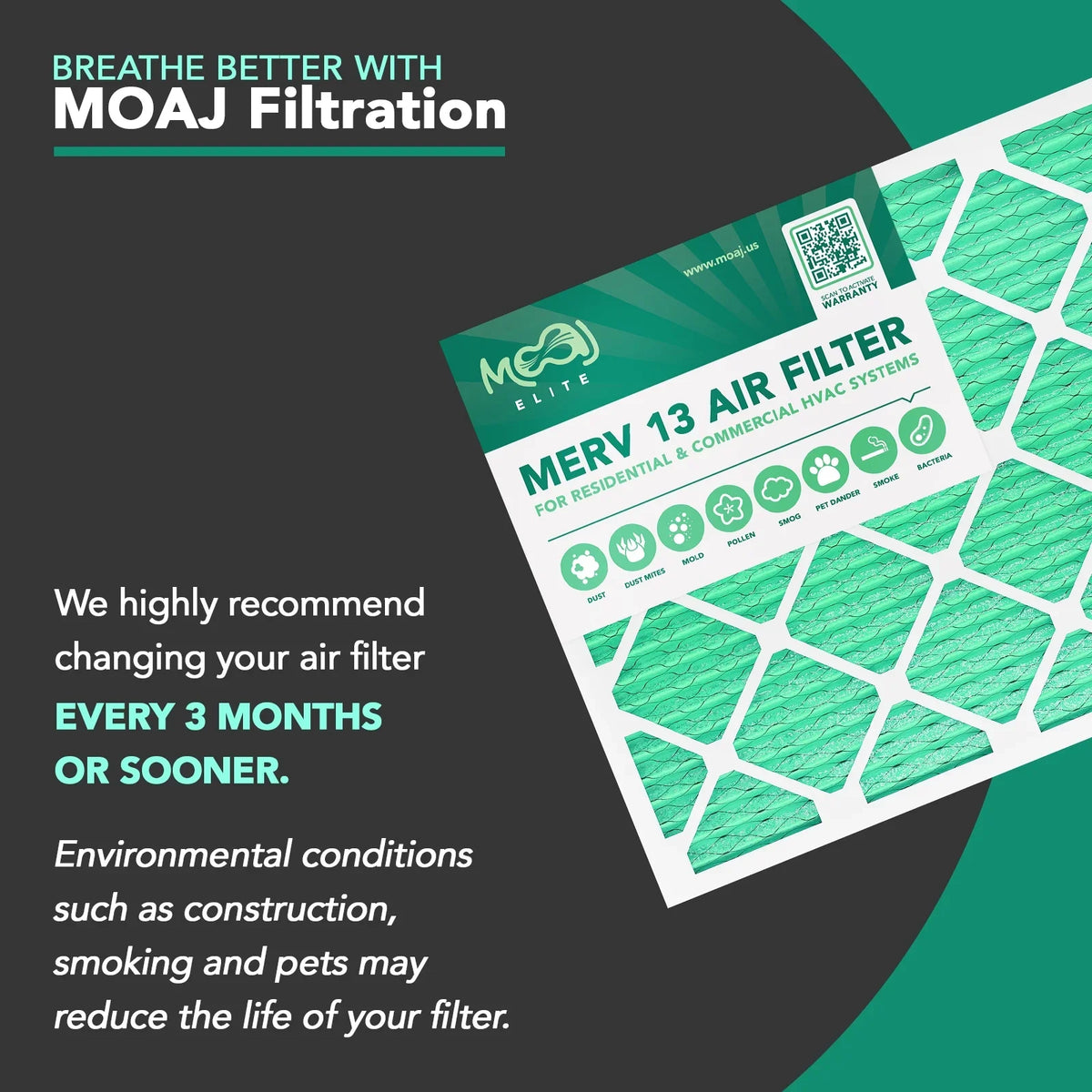 16x25x4 Air Filter (2-PACK) | MERV 13 | MOAJ Elite Bacterial & Viral Defense | BASED IN USA | Pleated Replacement Air Filters for AC & Furnace Applications | Actual Dimensions: 15.88" x 24.88" x 4.31"