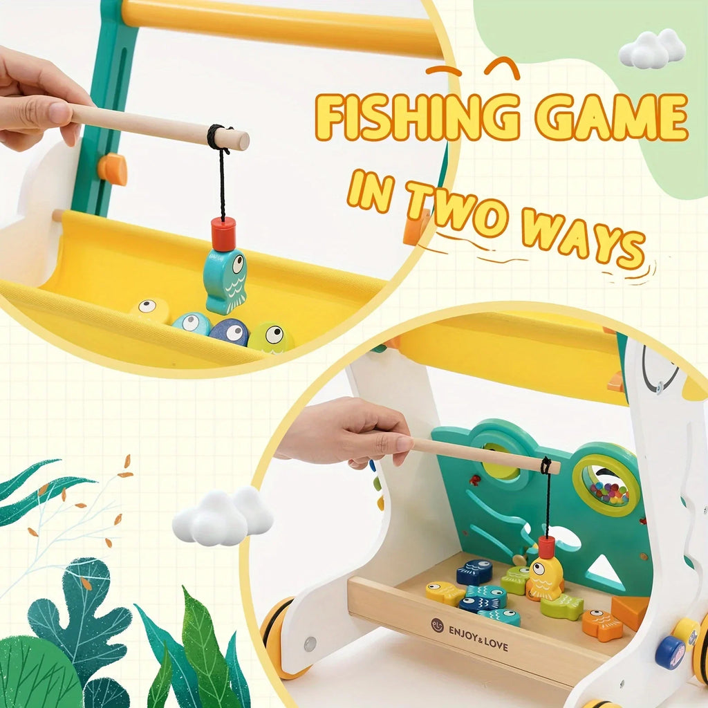 Wooden Baby Walker Sit-to-Stand Learning Baby Push Walker Kids Activity Center Toddler Push Along Trolley with Fishing Toy Shape Sorter Xylophone Multiple Entertainment for Boys Girls Infants