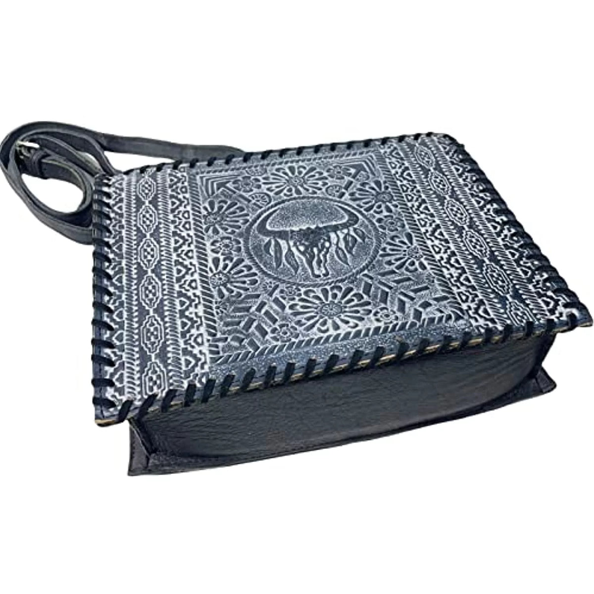 Urbalabs Western Crossbody Purse Large Handbag Genuine Leather Longhorn Cow Skull Tooled Tote Bag Hand Stitched (Blue)