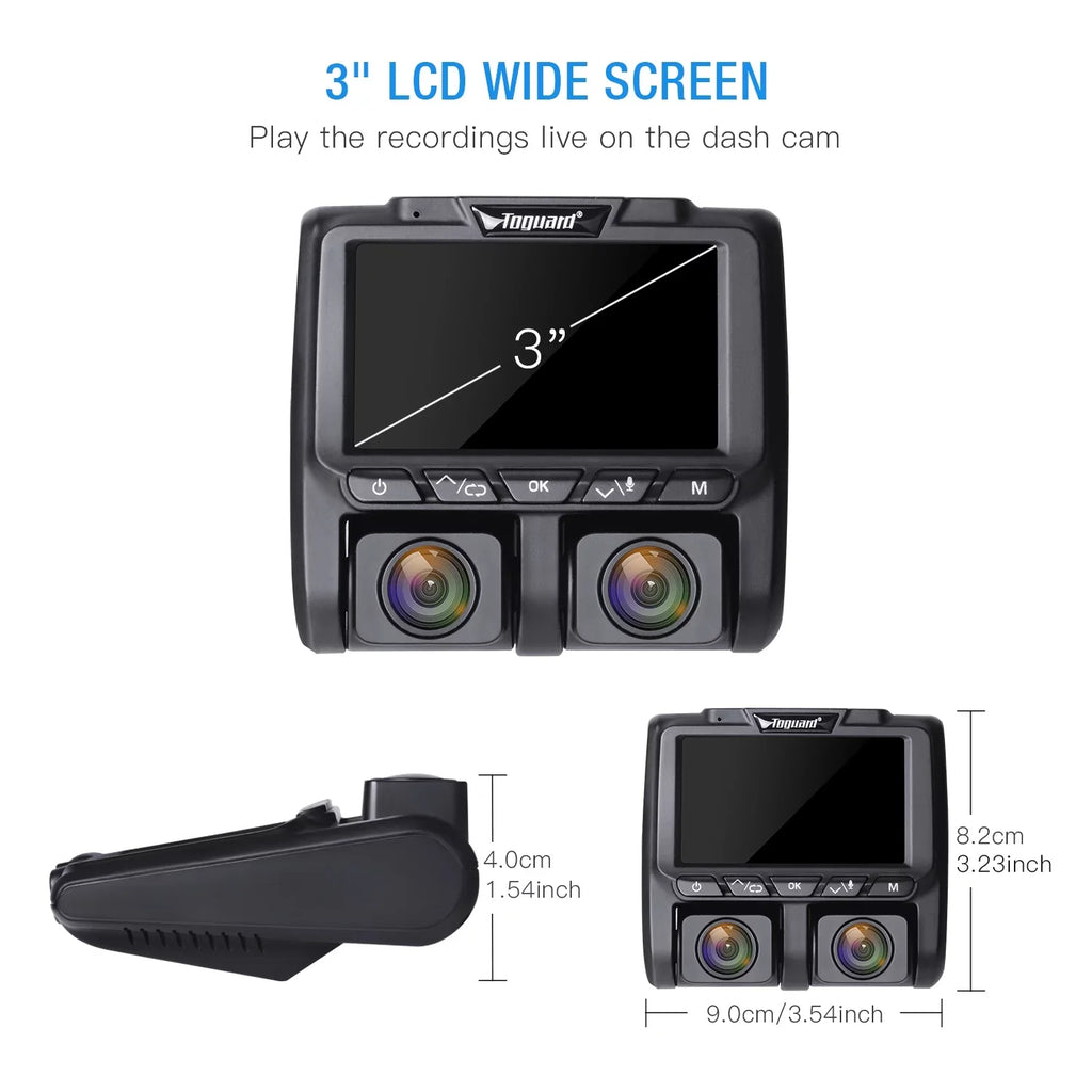 Full HD Dual Dash Cam, TOGUARD 1080P+1080P Front and Inside Car Camera Dash Cams 3" LCD Dashboard Camera Black
