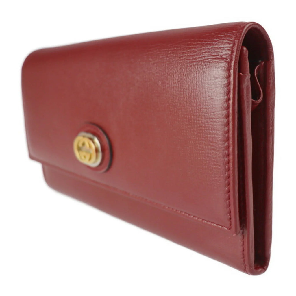 Pre-Owned GUCCI Gucci Interlocking G Marina Bifold Wallet 598531 Leather Red Bordeaux Gold Hardware Long (Good)