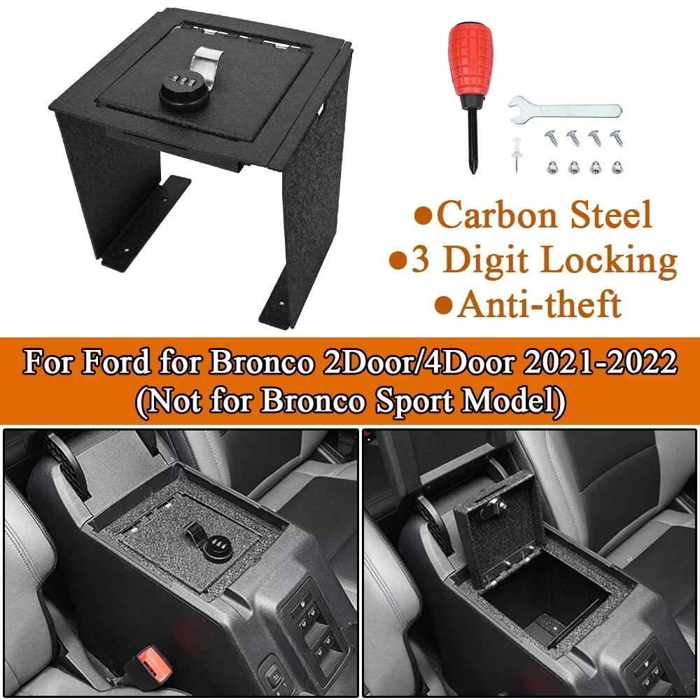 ALLTIMES Center Console Box Safe for Ford for Bronco 2Door/4Door 2021-2022, 3-Digit Password, Black Carbon Steel with Anti-rust Coating