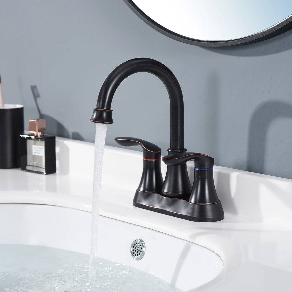 Kichae 4 Inch Vanity Sink Faucet，2-Handle 360 Degree Swivel Bathroom Spout Centerset Faucet with Pop-up Drain & Supply Hoses，Oil Rubbed Bronze