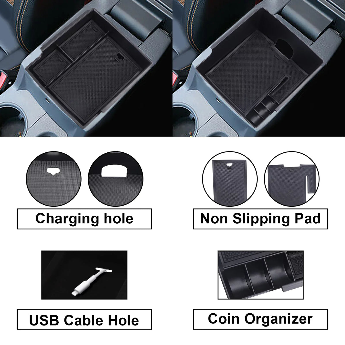 AUFER Center Console Organizer Tray,Car Central Control Storage Box Compatible with for Ford Bronco 2021 2022 2 Door 4 Door ABS Armrest Double Layer Storage Tray (2PCS)