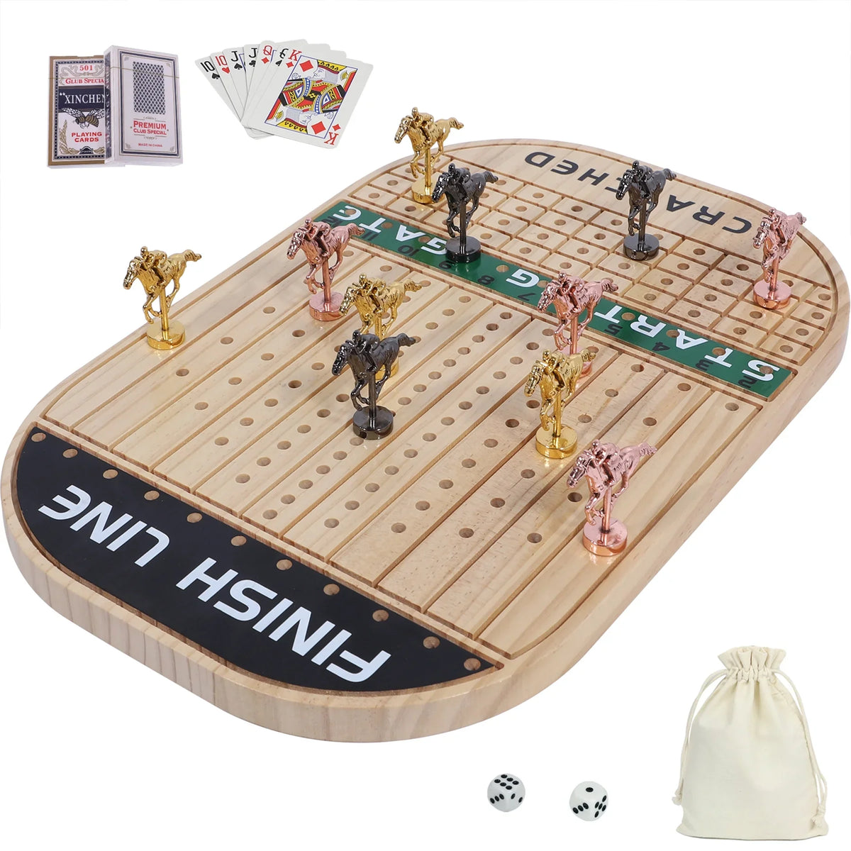 Horse Race Board Game Racing Game Thickened Pine with 11 Luxurious Durable Classic Metal Horses with 4 dice and 2 Boxes of Cards Across Finish Line Horse Racing Game