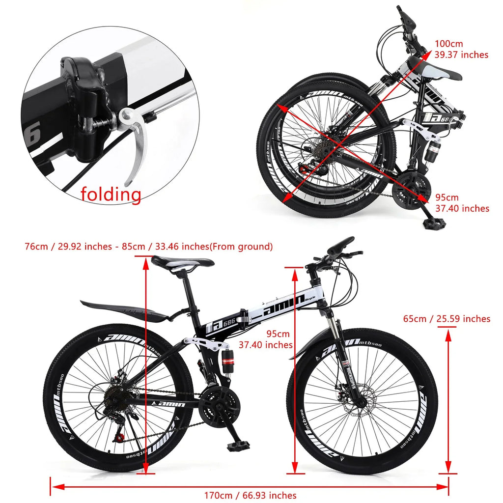 Unisex Adult Mountain Bike Full Suspension 26" 21 Speed MTB Folding Bicycle Unisex Full Suspension 26" Folding Mountain Bicycle 21 Speed Foldable Bike MTB
