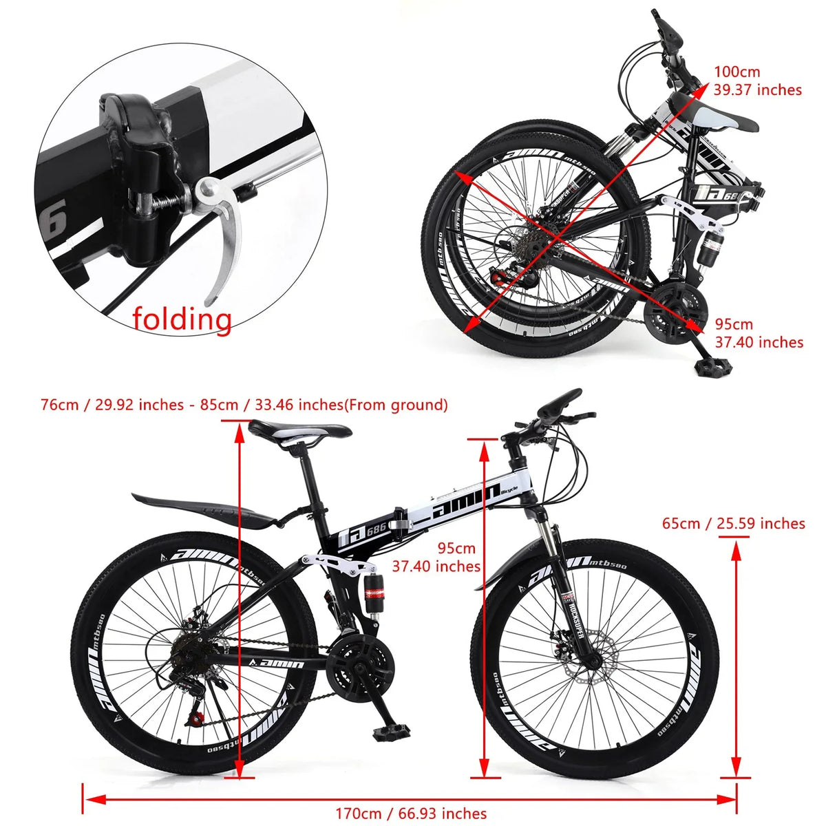 Unisex Adult Mountain Bike Full Suspension 26" 21 Speed MTB Folding Bicycle Unisex Full Suspension 26" Folding Mountain Bicycle 21 Speed Foldable Bike MTB