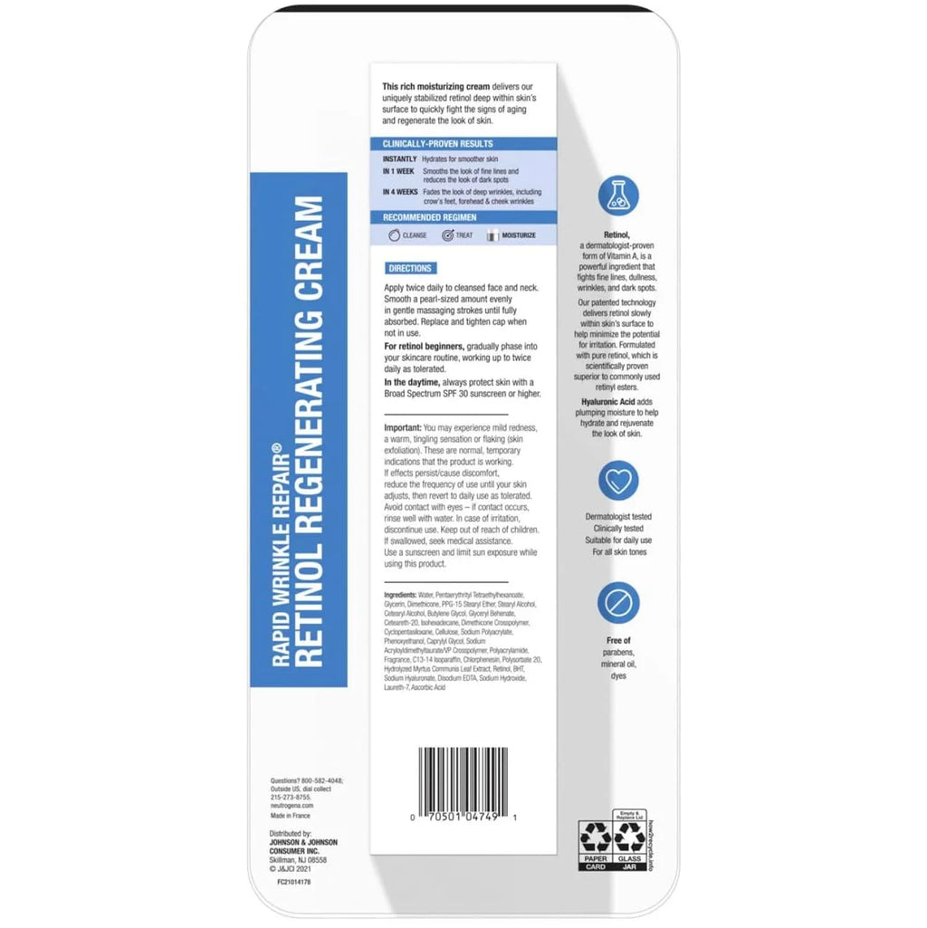 Neutrogena Rapid Wrinkle Repair Retinol Face Moisturizer, Fragrance Free, Daily Anti-Aging Face Cream with Retinol and Hyaluronic Acid to Fight Fine Lines, Wrinkles, and Dark Spots, 1.7