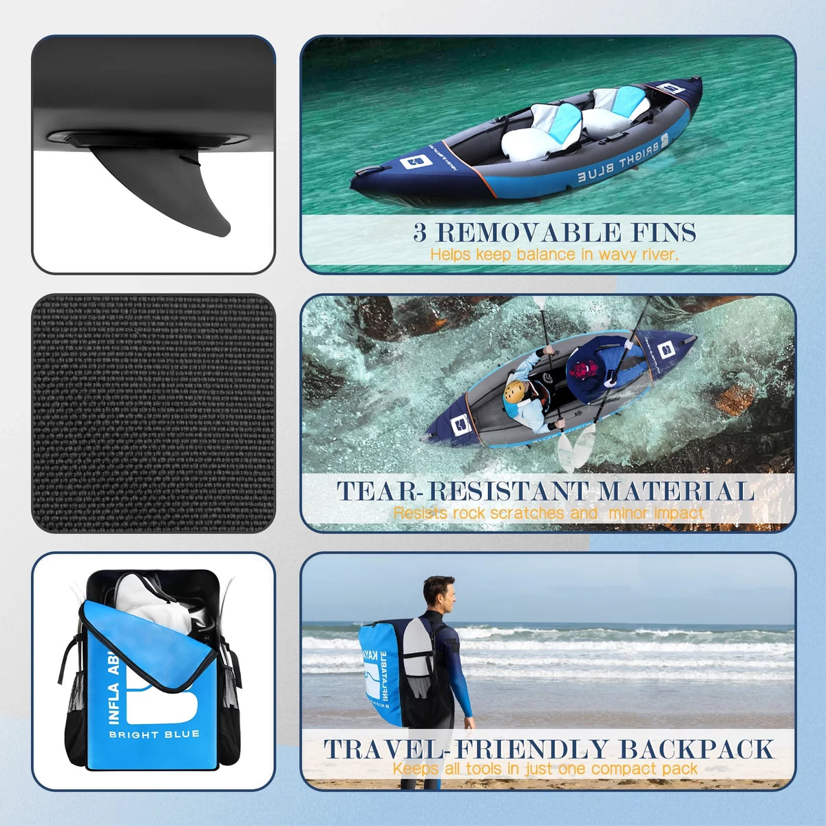 BRIGHT BLUE Blow-up Touring White Water Paddling Kayak 1-2 Persons sit-on with Paddles,Hand Pump,Backpack,Fins