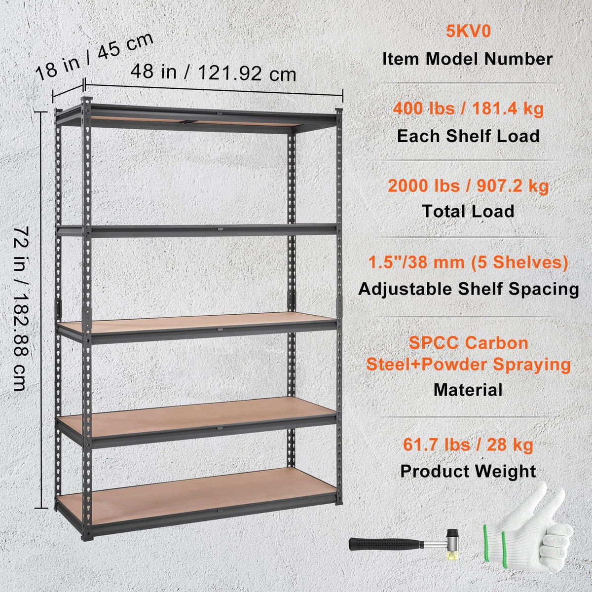 BENTISM Storage Shelving Unit 72 in. H x 48 in. W x 18 in. D ,Garage Storage Rack 5-Tier Adjustable 2000 lbs Load