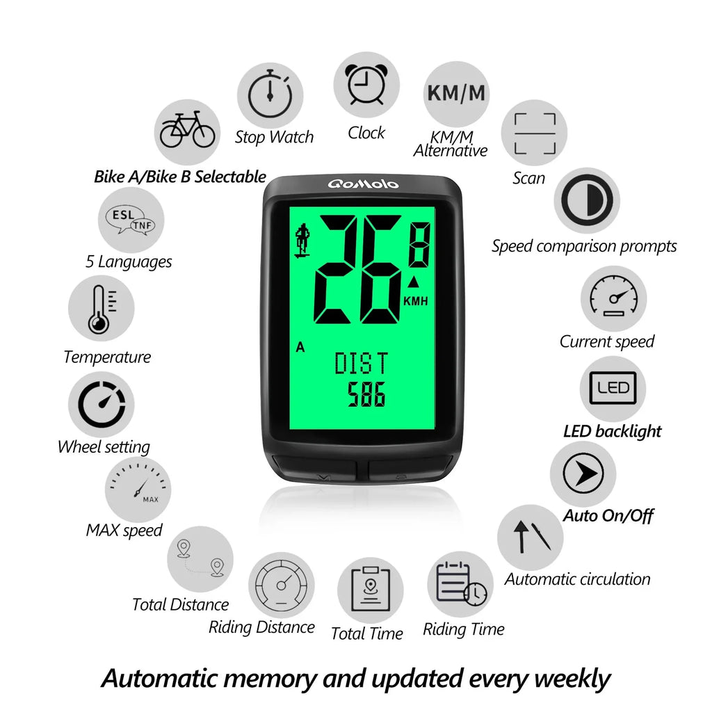 Wireless Bike Computer, Multi-Functional Bike Speedometer, IPX6 Waterproof Large Screen Cycle Computer Automatic Wake-up LCD Backlight Display