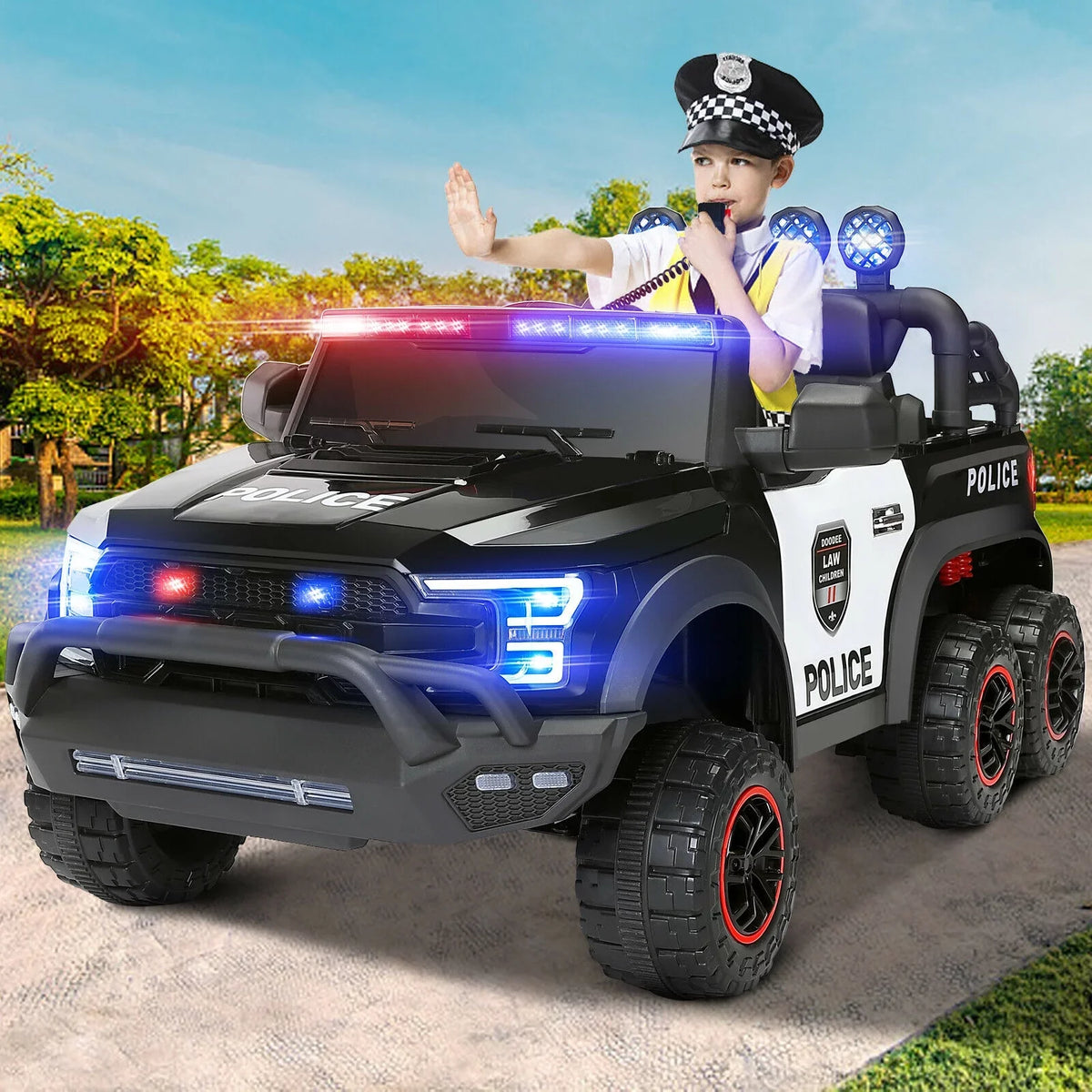 JOYLDIAS 6 Wheels 12V Kids Ride on Police Car Toy with Remote Control (Black)
